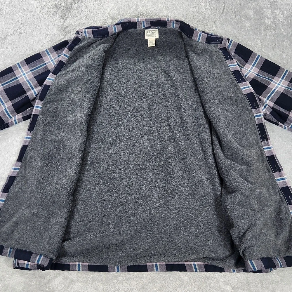 LL Bean Shirt Jacket Mens XL Blue Plaid Fleece Lined Flannel Traditional Fit